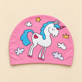 Purple Splash swim cap, pink fabric with a white unicorn and turquoise mane.