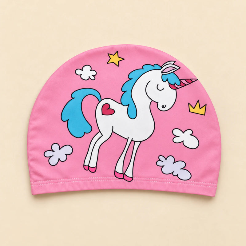 Purple Splash swim cap, pink fabric with a white unicorn and turquoise mane.
