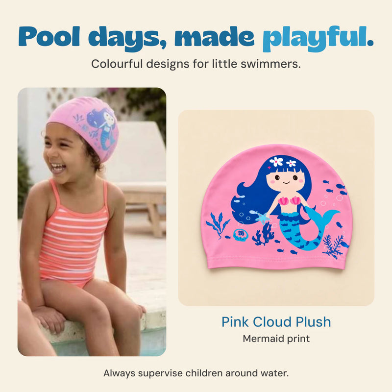 Existing poolside photograph of a girl wearing the pink mermaid swim cap beside a clear product image.