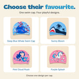 Four available swim cap designs labelled Deep Blue Whale Swim Cap, Sunny Bloom, Pink Cloud Plush and Purple Splash.