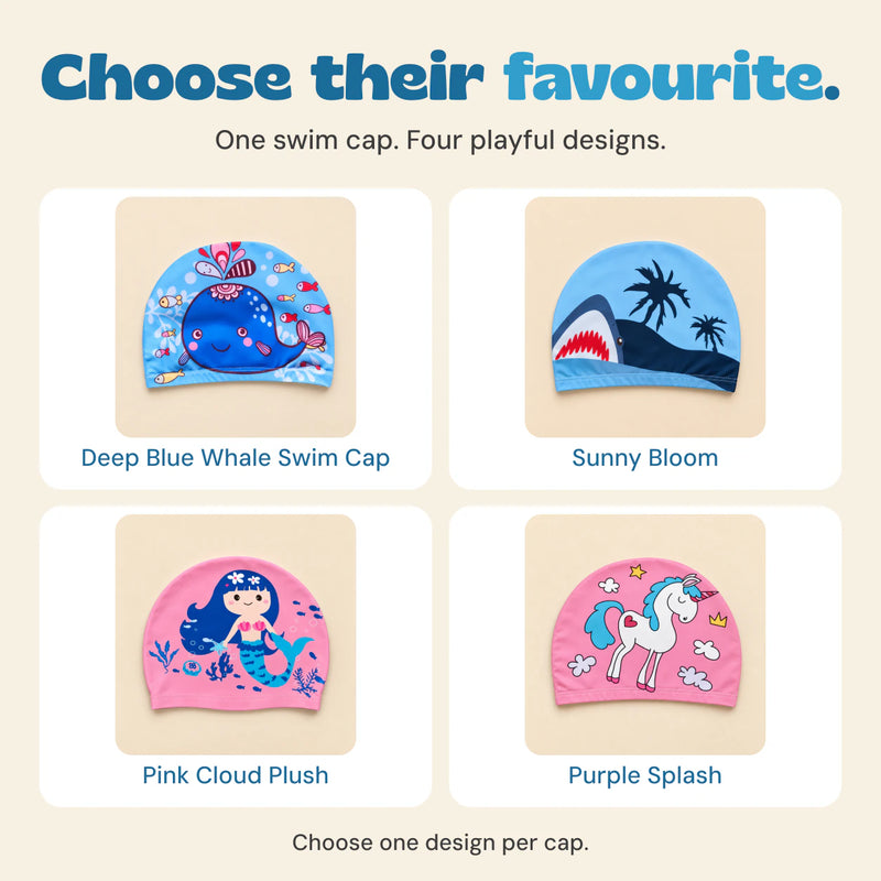Four available swim cap designs labelled Deep Blue Whale Swim Cap, Sunny Bloom, Pink Cloud Plush and Purple Splash.