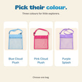 Three mesh beach bag choices: Blue Cloud Plush, Pink Cloud Plush and Purple Splash. Choose one bag.