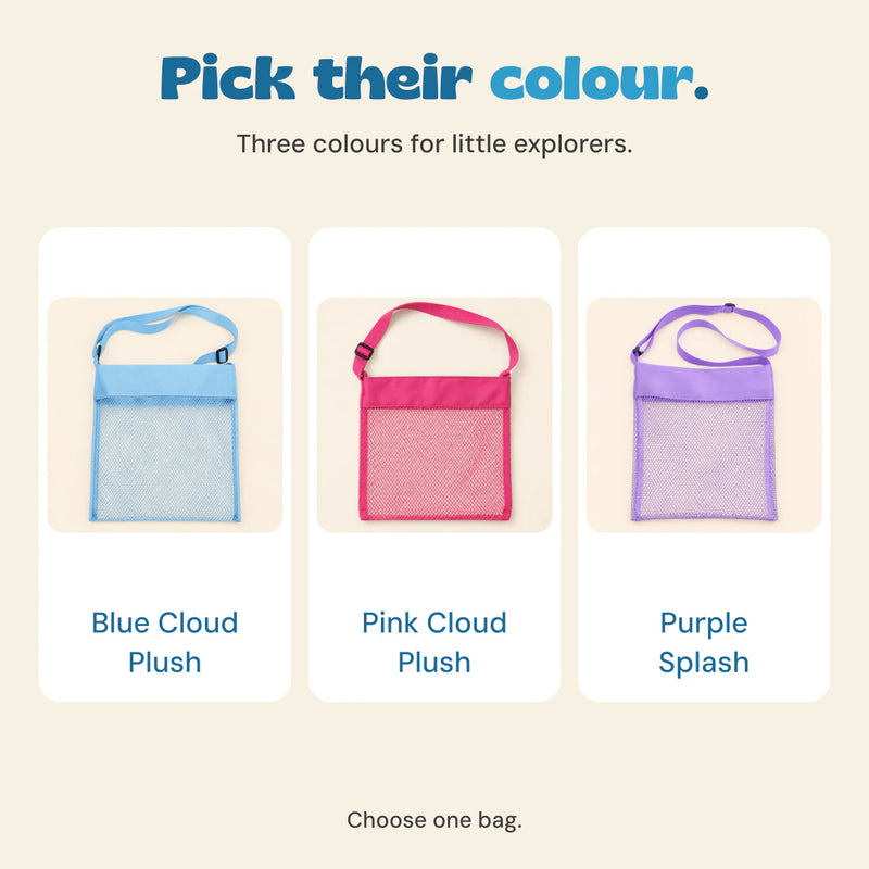 Three mesh beach bag choices: Blue Cloud Plush, Pink Cloud Plush and Purple Splash. Choose one bag.