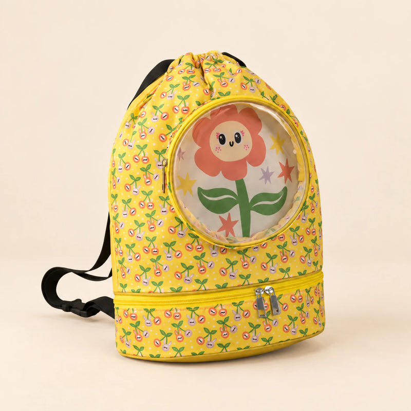 Kids Travel & Holiday Backpack, Sunny Bloom option on a clean warm beige background.