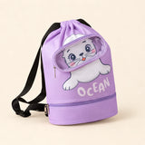 Kids Travel & Holiday Backpack, Purple Purr option on a clean warm beige background.