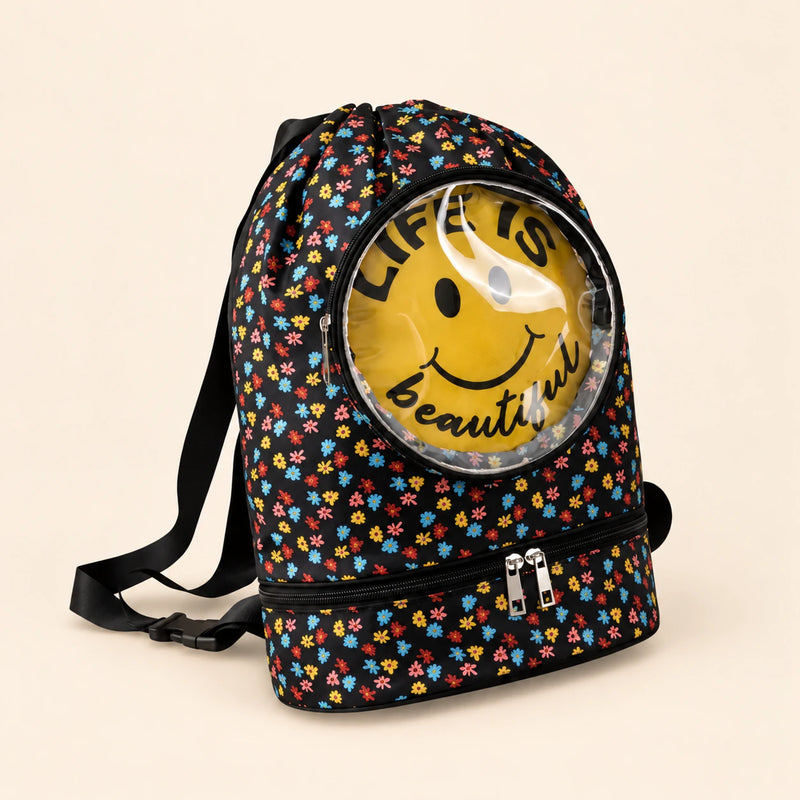 Kids Travel & Holiday Backpack, Yellow Honey Bee option on a clean warm beige background.