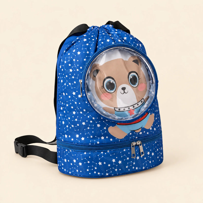 Kids Travel & Holiday Backpack, Starry Space Pup option on a clean warm beige background.