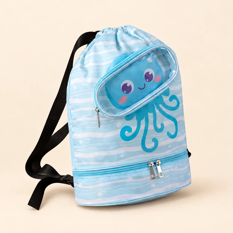 Kids Travel & Holiday Backpack, Ocean Octopus option on a clean warm beige background.