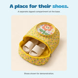 A separate zipped compartment at the base. Shoes shown for demonstration.
