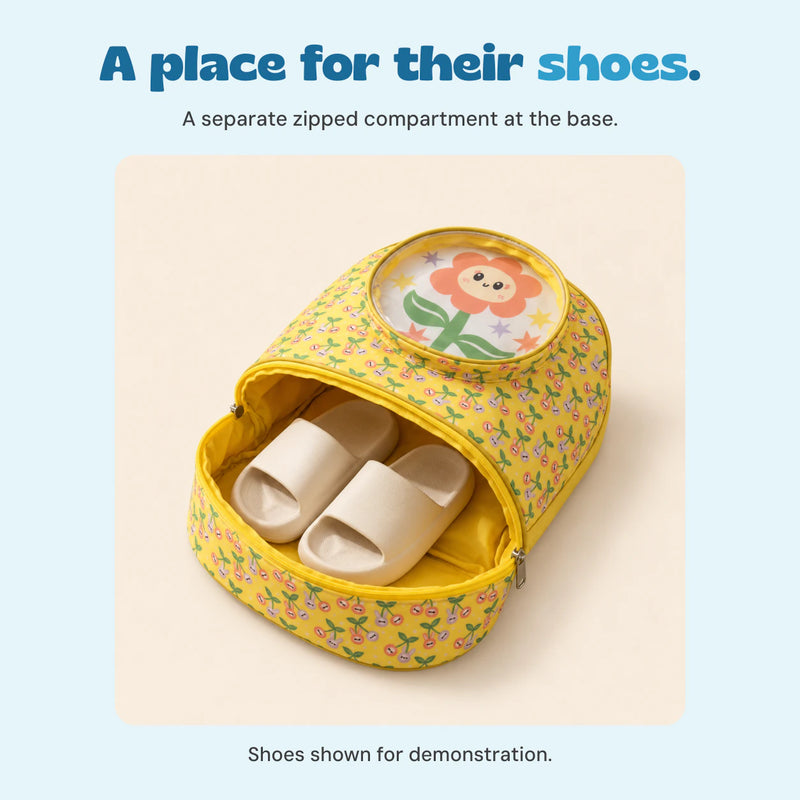 A separate zipped compartment at the base. Shoes shown for demonstration.
