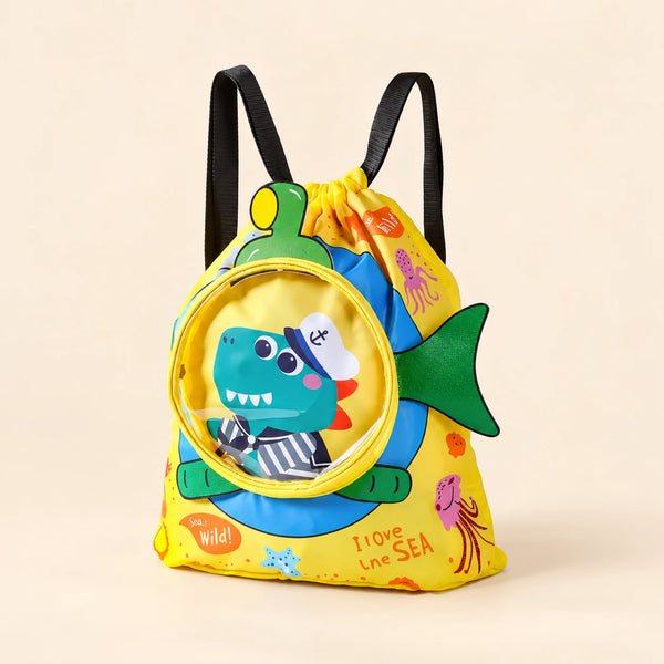 Small yellow dinosaur-print drawstring backpack with black straps, round clear front pocket and side fin.