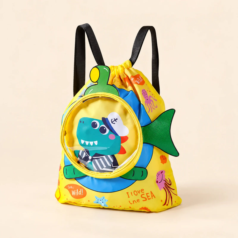 Small yellow dinosaur-print drawstring backpack with black straps, round clear front pocket and side fin.