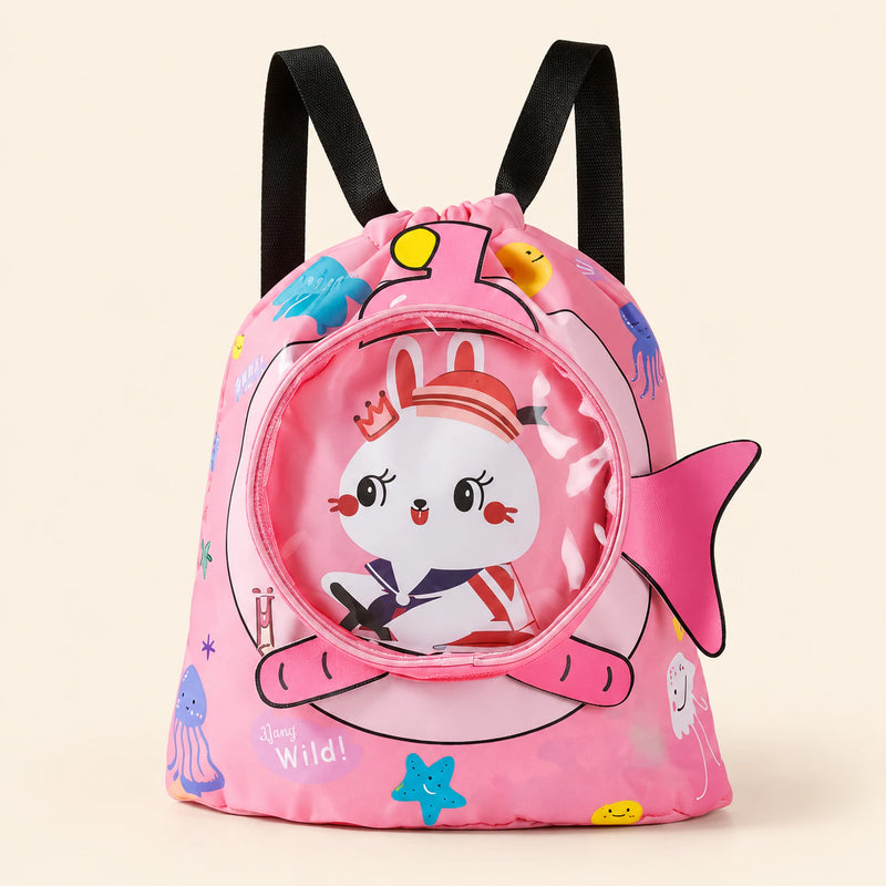 Small pink bunny-print drawstring backpack with black straps, round clear front pocket and side fin.
