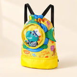 Big yellow dinosaur-print drawstring backpack with black straps, round clear front pocket and side fin, with a zipped base compartment.