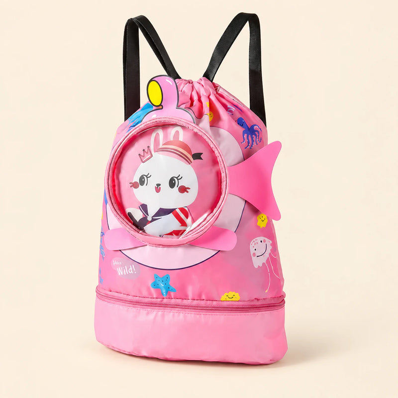 Big pink bunny-print drawstring backpack with black straps, round clear front pocket and side fin, with a zipped base compartment.