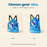Small and Big blue backpack options shown together, with source-listed dimensions of 37 by 29 cm and 46 by 34 cm.