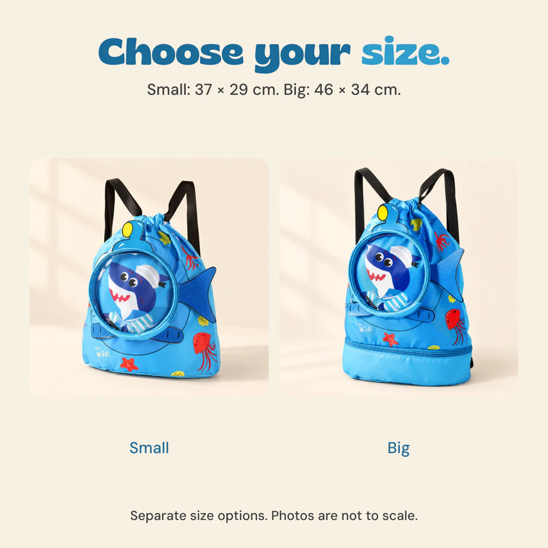 Small and Big blue backpack options shown together, with source-listed dimensions of 37 by 29 cm and 46 by 34 cm.