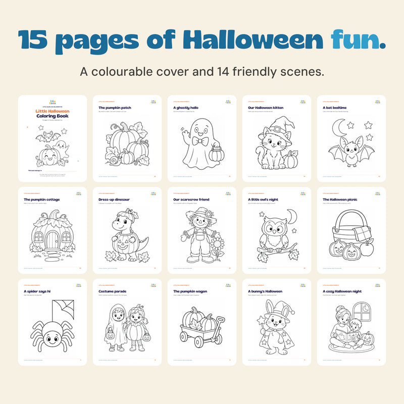 All 15 actual printable pages shown in a grid, including the colourable cover.