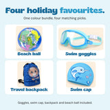 Four labelled photographs identify the blue bundle’s included beach ball, goggles, backpack and swim cap.