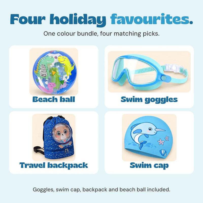 Four labelled photographs identify the blue bundle’s included beach ball, goggles, backpack and swim cap.