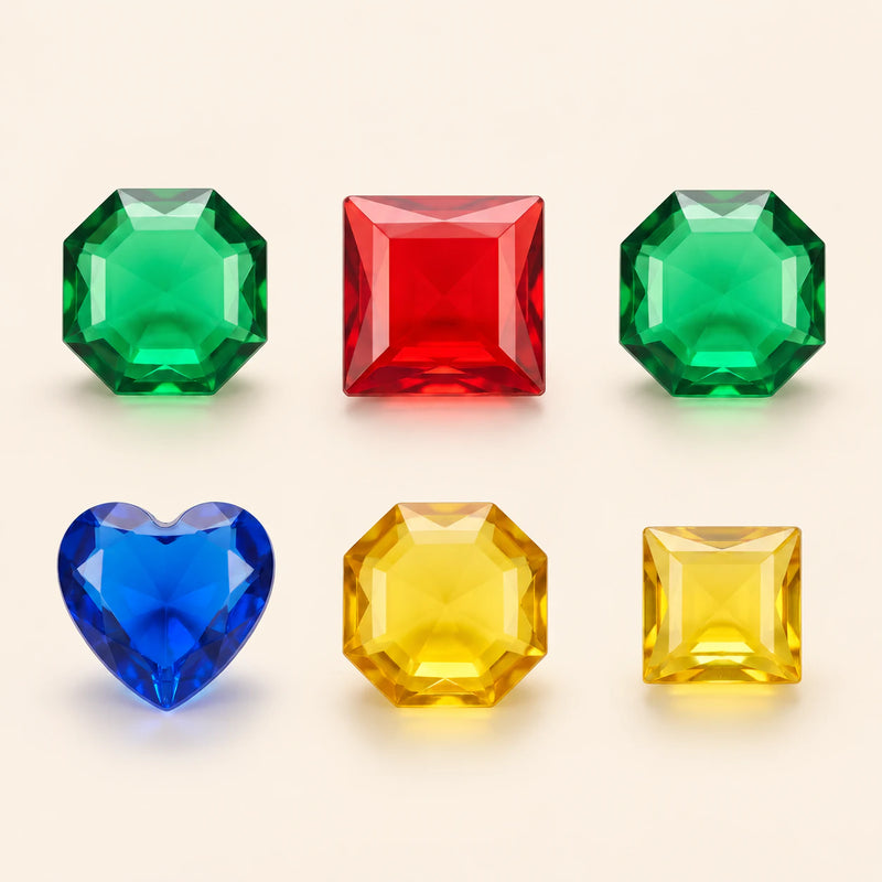 Six faceted gems in green, red, blue and yellow on a warm beige background. This is one separate set choice.