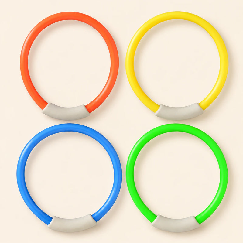 Four orange, yellow, blue and green dive rings with pale curved segments on a warm beige background. This is one separate set choice.
