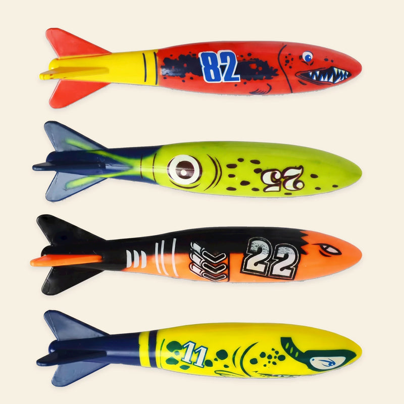 Four colourful torpedo rockets with their original printed shark designs and numbers on a warm beige background. This is one separate set choice.