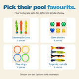Four separate pool-toy choices: three seaweed sticks, six gem stones, four dive rings or four torpedo rockets. Choose one set. Options sold separately.