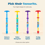 Four bright designs for water play. Separate colour choices, one option per selection.