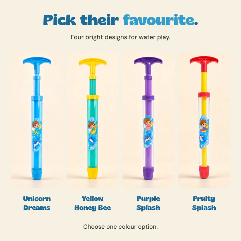 Four bright designs for water play. Separate colour choices, one option per selection.