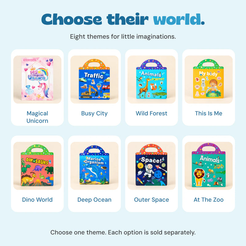 Eight separate sticker book options, labelled with their Shopify variant names.