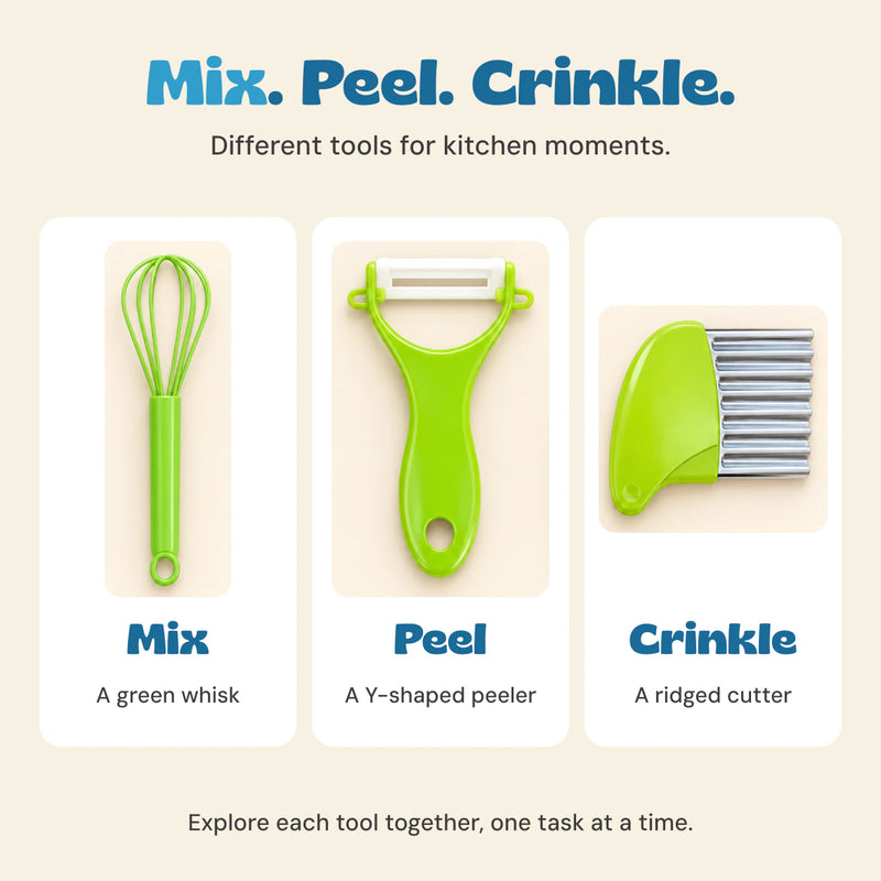 Details of the green whisk, Y-shaped peeler and corrugated crinkle cutter from the kitchen prep set.