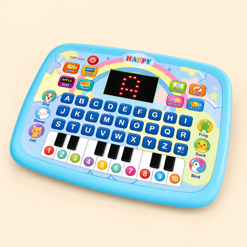 Blue learning tablet with alphabet buttons, numbered piano keys, animal pictures and red number display on a warm beige background.