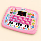 Pink learning tablet with alphabet buttons, numbered piano keys, animal pictures and red number display on a warm beige background.