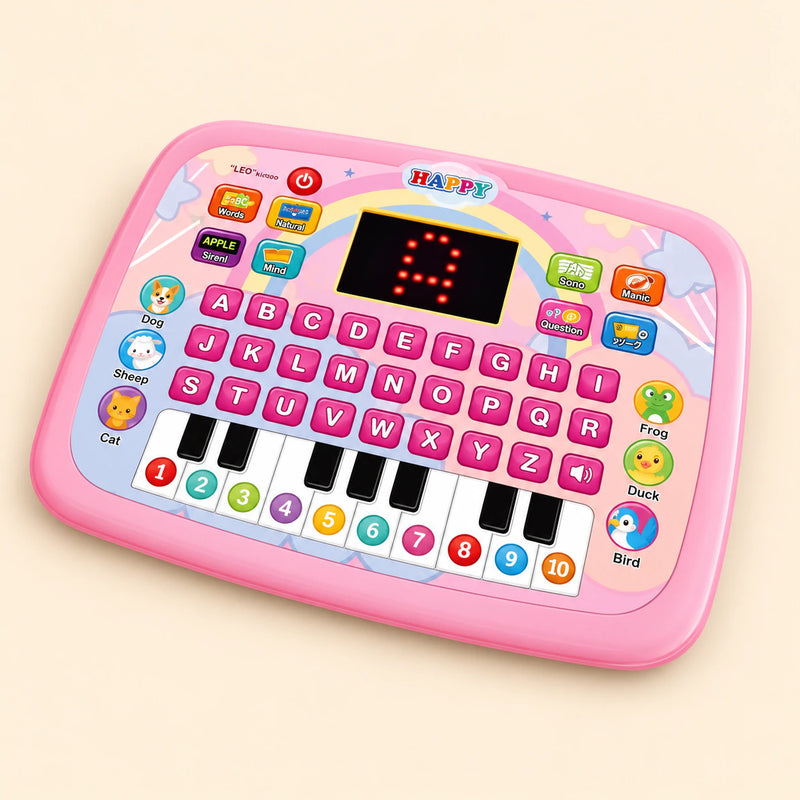Pink learning tablet with alphabet buttons, numbered piano keys, animal pictures and red number display on a warm beige background.