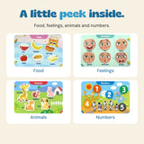 Four original interior page details showing food, feelings, animals and numbers with their actual printed pictures and words.