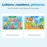 Original alphabet and numbers activity pages shown side by side, preserving the actual printed letters, numerals and illustrations.