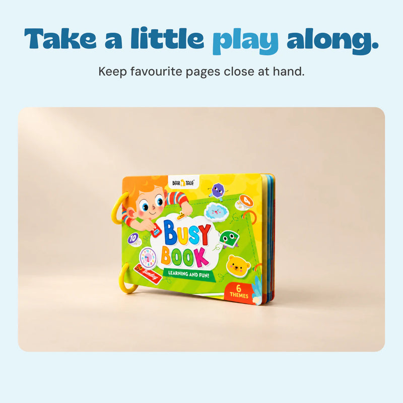 TibaToes Montessori Busy Book, product detail on a warm beige studio background.