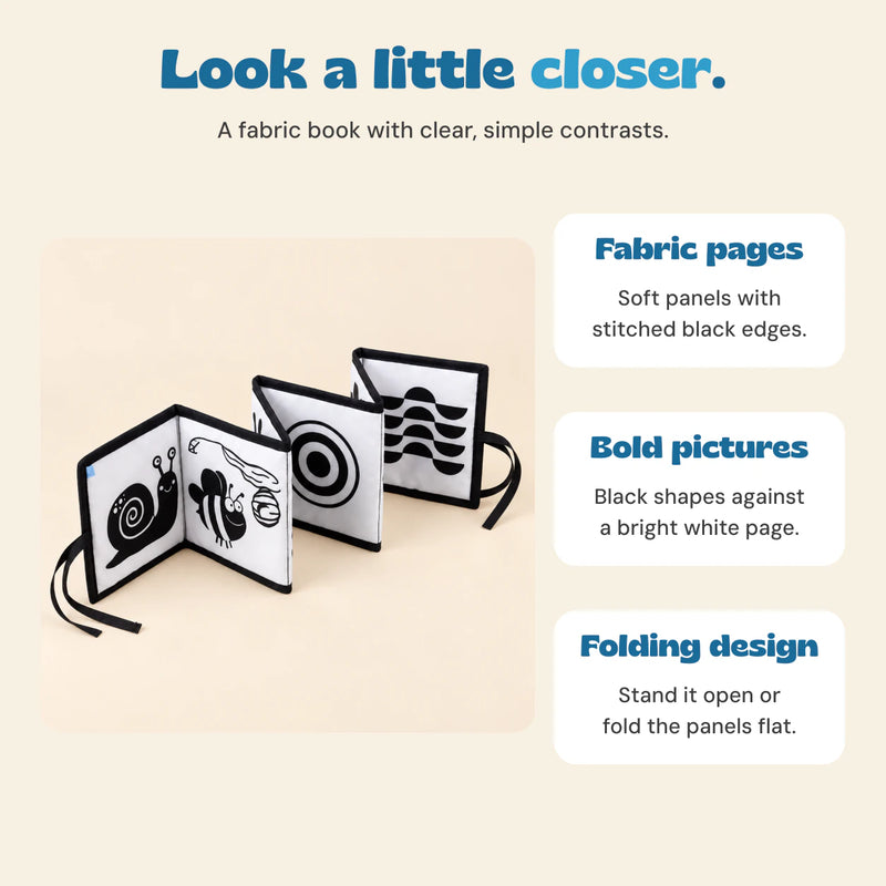 Fabric pages, bold black-and-white pictures and a folding accordion design.
