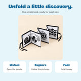 One simple book, ready for quiet play. Unfold: Open the panels.. Explore: Follow the pictures.. Fold: Tuck it away. 