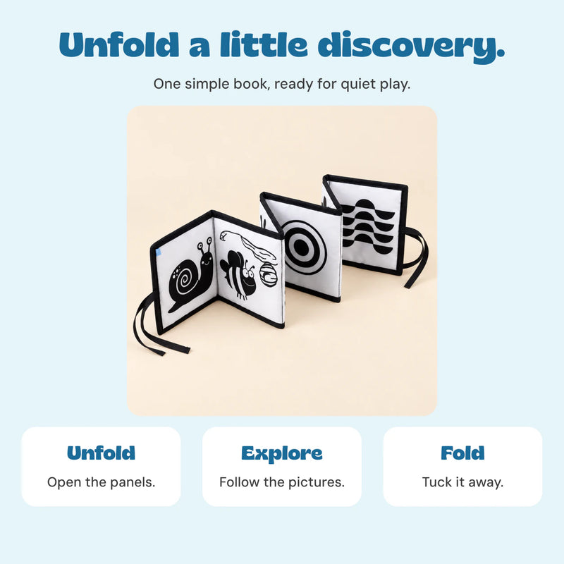 One simple book, ready for quiet play. Unfold: Open the panels.. Explore: Follow the pictures.. Fold: Tuck it away. 