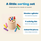 Overview of the wooden sorting cylinder, four activity lids and colourful wooden sorting pieces.