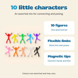 Overview of ten bendable magnetic figures with assorted-colour and magnetic-tip details.