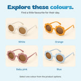 White, Orange, Baby pink and Blue sunglasses shown as separate colour choices.