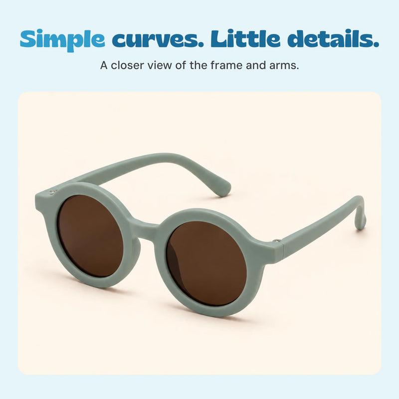 A large view of the Sage Green round sunglasses with matching arms and brown lenses.