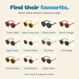 Eleven separately sold round sunglasses choices labelled with their exact live colour option names.