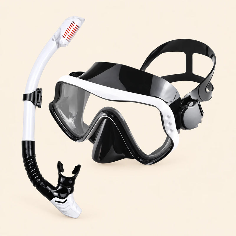 A mask and separate matching snorkel in the White option on a warm beige background.