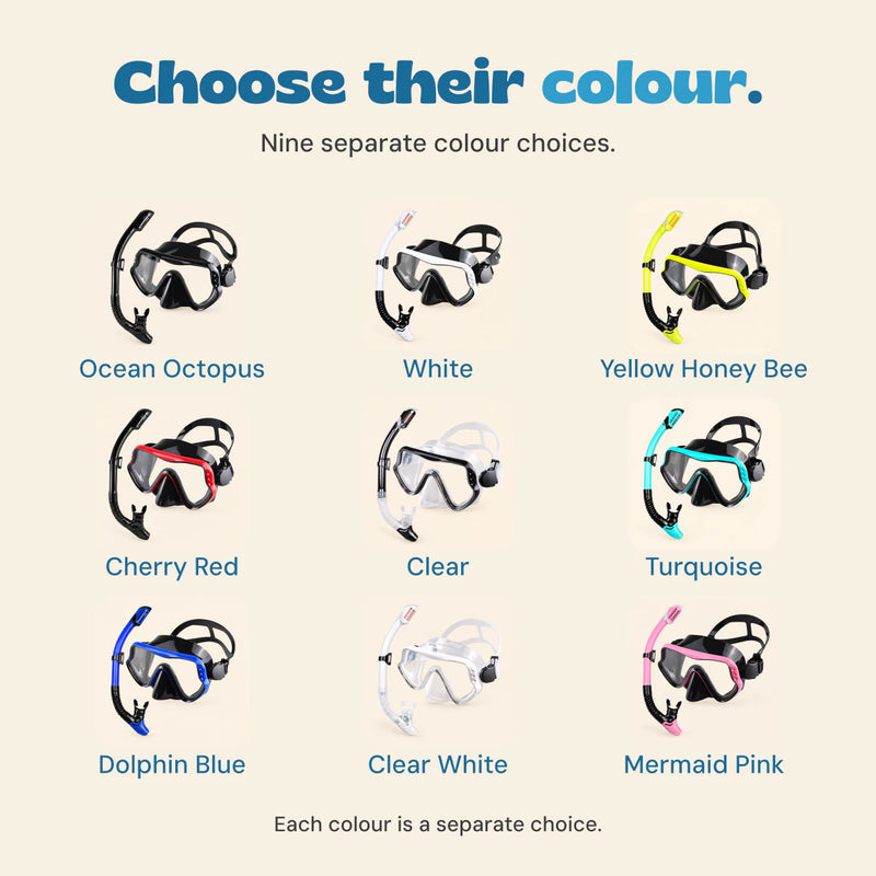 Nine separately sold snorkel set choices labelled with their live colour option names.