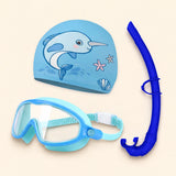 Dolphin Blue three-piece set with the original printed swim cap, matching goggles and separate curved snorkel, shown on warm beige.