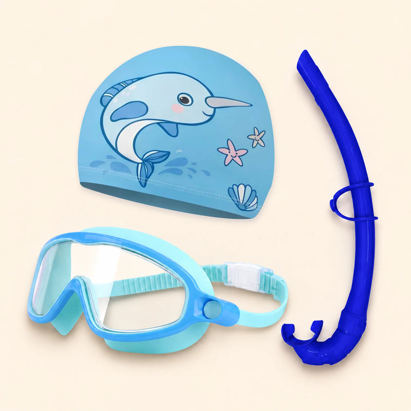 Dolphin Blue three-piece set with the original printed swim cap, matching goggles and separate curved snorkel, shown on warm beige.